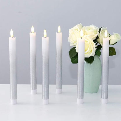 Silver Flameless Taper Candles Battery Operated with Remote Timer, Real Wax 3D Wick Flickering LED Taper Candles Dinner Wedding Holiday Decor(6 Pack, 0.78 x 9.64 Inches)
