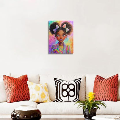 Black Girl Kawaii Art Canvas Wall Art Framed Digital Illustration Cute Curly Hair Pigtails Oversized Blazer Stars Rainbow Wall Decor Artwork Print Poster for Girls Bedroom 12x16 Inches