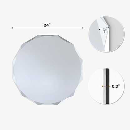 24 Inch Faceted Round Mirror for Wall Decor, Diamond-Cut Beveled Circle Vanity Mirror, Solid Backed Sparkle Frameless Mirror for Powder Room & Entryway, Art Deco Style