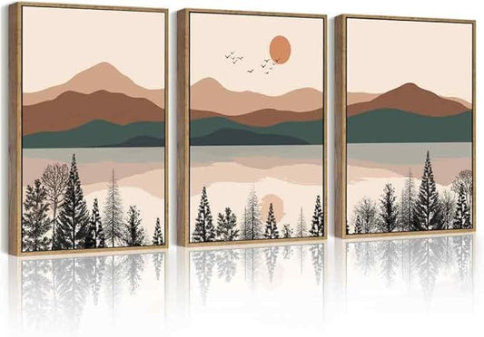 PHOPAGO Mountain Laker Landscape Framed Wall Art Boho Nature Artwork Paints Bohemain Farmhouse Rustic Living Room Bedroom Decor - 12x16in Natural Framed
