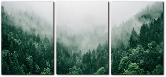 Pacimo Canvas Print Wall Art Set Talking with the Fog Aerial View of Pine Trees in Mist Realism Pictures Print on Canvas Rustic Scenic Modern Artwork Stretch Framed Ready to Hang - 20"x28"x3 Panel