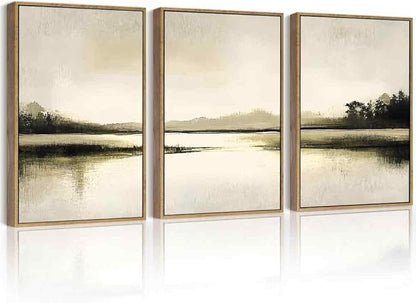 Drsoum Vintage Black Gray Abstract Laker Landscape Wall Art Framed Brown Tan Neutral Prints Minimalist Modern Rustic Artwork Bedroom Living Room Ready to Hang 12x16in Natural Framed