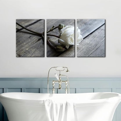 Pacimo White Rose Canvas Wall Art Prints Flowers Pictures Paintings Prints on Canvas Modern 3 Pieces Floral Giclee Artwork for Living Room Bedroom Office Home Decorations Stretched Framed - 12"x16"x3