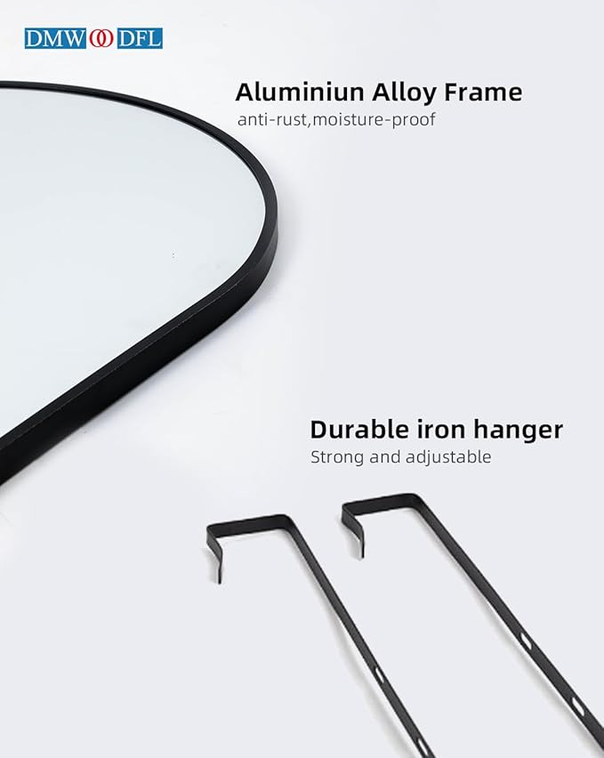 DMWOODFL 50"x16" Black Arched Over The Door Mirror, Adjustable Height Full Length Mirror with Shatterproof Glass & Aluminum Frame, Wall Mounted Hanging Mirror for Bedroom Living Room Bathroom Dorm