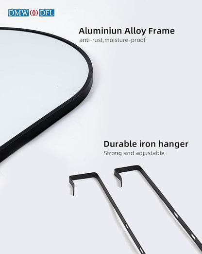 DMWOODFL Over The Door Full Length Arched Mirror - 14"x48", Tempered Glass & Aluminum Frame, No Drill Installation for Bedroom, Bathroom, Closet, Entryway (Black)