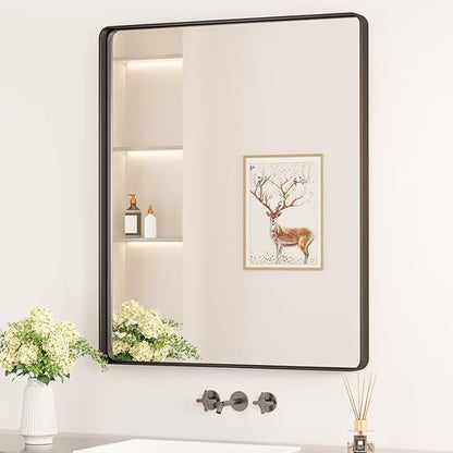 Keonjinn Black Bathroom Mirror, 30 x 36 Inch Rounded Rectangle Sandblasted Finish Bathroom Mirrors for Over Sink, Matte Black Farmhouse Mirror with Seamless Frame, HD Tempered Glass Vanity Mirror