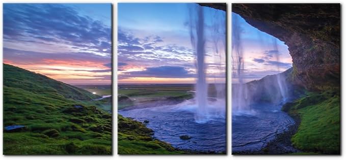 Pacimo Waterfall at Sunset Canvas Wall Art Print Iceland Landscape Painting Framed Wall Art Decor for Living Room Home Decoration 3 Pieces Gallery Wrapped Posters and Prints Ideal Gifts - 20"x28"x3