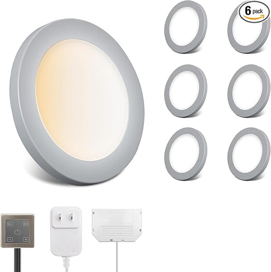V4light LED Puck Lights 6 Pack, 6mm Ultra-Thin Plug in Under Cabinet Lighting with Touch Dimmer, Adjustable Color Temp(2700K-6500K), Easy Installation for Kitchen, Pantry, Closet, Bedroom (Grey)