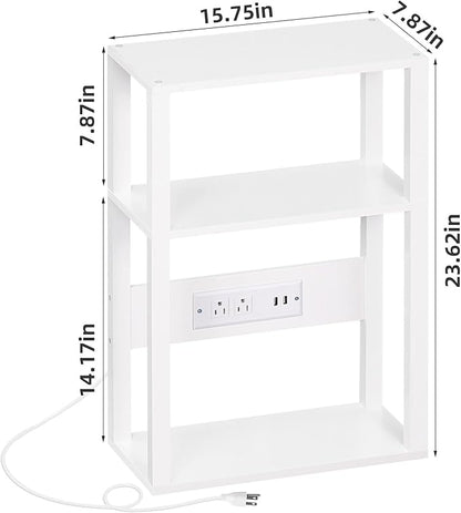 YUFAM 3-Tier Small Narrow Wood Side Table Set of 2 with Charging Station - Skinny Nightstand for Small Spaces, Slim Bedside Table with USB Ports and Outlets - Thin End Table with Storage, White