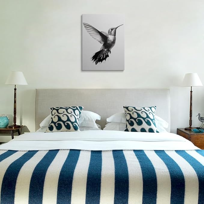 Black and White Hummingbird Canvas Wall Art Framed Detailed Pencil Drawing Print High Contrast Minimalist Bird Wall Decor Artwork Poster for Modern Home Office Decor 12x16 Inches