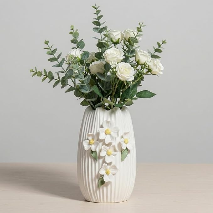 White Ceramic Vase - Modern Decorative Vase for Living Room, 3D Minimalist Flower Vases Home Decor, Centerpiece, Bathroom, Shelf, Table Decor, 7 Inch