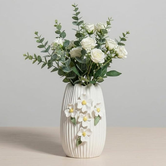 White Ceramic Vase - Modern Decorative Vase for Living Room, 3D Minimalist Flower Vases Home Decor, Centerpiece, Bathroom, Shelf, Table Decor, 7 Inch
