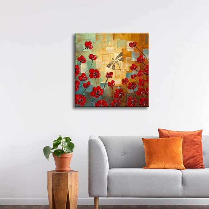 Wieco Art Dragonfly Floral Oil Paintings on Canvas Wall Art Ready to Hang for Bedroom Kitchen Dining Room Home Decorations Modern 100% Hand Painted Stretched and Framed Abstract Flowers Artwork