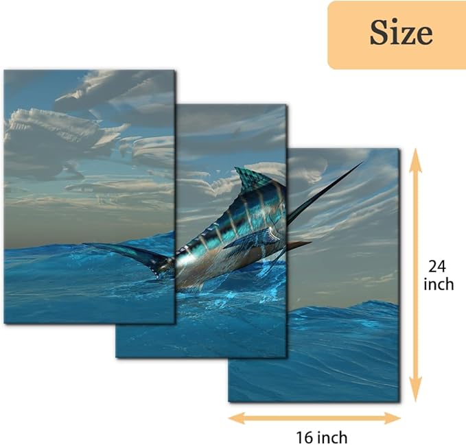 Pacimo Fish Canvas Art Wall Decor Blue Marlin Fish Bursts from Ocean Waters Pictures Prints on Canvas Tropical Animal Paintings 3 Panels Modern Artwork Home Decoration Framed Ready to Hang - 16"x24"x3