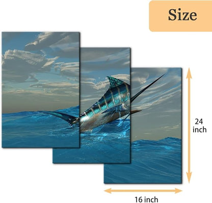 Pacimo Fish Canvas Art Wall Decor Blue Marlin Fish Bursts from Ocean Waters Pictures Prints on Canvas Tropical Animal Paintings 3 Panels Modern Artwork Home Decoration Framed Ready to Hang - 16"x24"x3