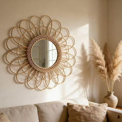 OYPEIP 22" Large Rattan Innovative Art Decoration Round Makeup Mirror Dressing Bedroom Bathroom Wall Hanging Mirrors Craft Photo Props,Glass Decor