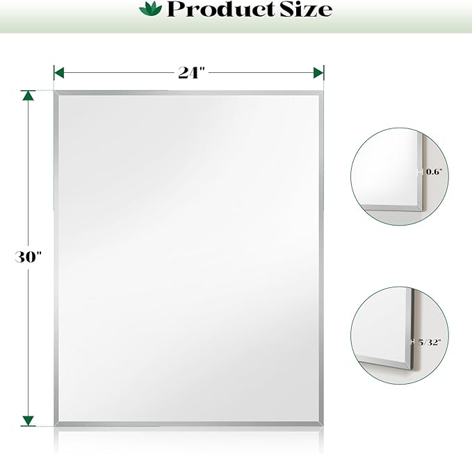 24"x30" Frameless Beveled Bathroom Wall Mirror, Rectangle Bathroom Wall Mirror with 4mm Tempered Glass for Over Sink, Bedroom, Living Room, Vanity, Hangs Horizontally or Vertically
