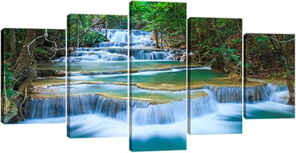 Wieco Art Peaceful Waterfall 5 Panels Large Canvas Paintings Wall Art Modern Gallery Wrapped Landscape Forest Giclee Canvas Print Artwork Photo Pictures for Living Room Bedroom Home Decorations L