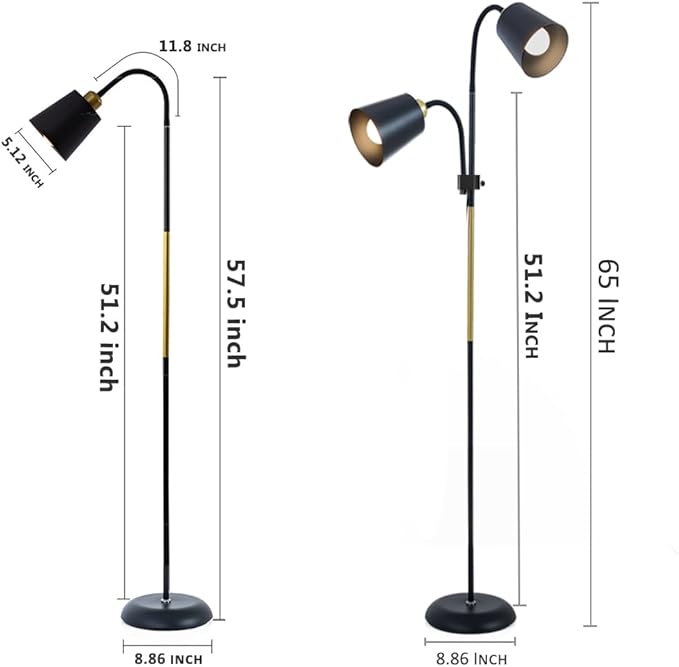 Floor Reading Lamp, Industrial Metal Floor Lamps for Living Room with Adjustable Bendable, 2 in 1 Reading Table Lamps for Living Room Bedroom Office, 12W Bulb Included (Black-2 Heads)