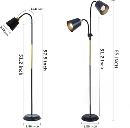 Floor Reading Lamp, Industrial Metal Floor Lamps for Living Room with Adjustable Bendable, 2 in 1 Reading Table Lamps for Living Room Bedroom Office, 12W Bulb Included (Black-2 Heads)