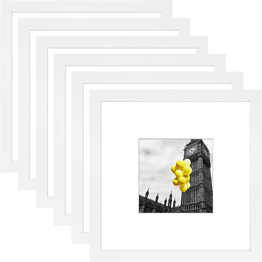 8x8 Picture Frame Set of 6, Display Pictures 4x4 with Mat or 8x8 Without Mat, Tabletop Display and Wall Hanging Photo Frame, Collage Wall Decor Gallery Wall Frame Set,White