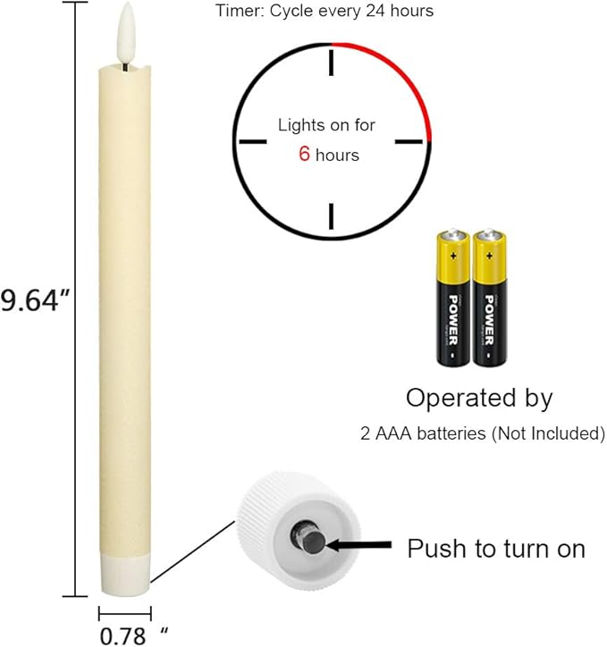 Ivory Flameless Taper Candles Battery Operated with 6H Timer, Real Wax 3D Wick Flickering LED Taper Candles Dinner Wedding Holiday Decor(6 Pack, 0.78 x 9.64 Inches)