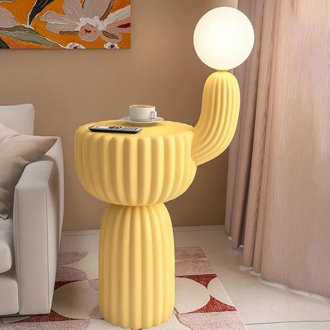 Floor Lamp Standing Lamp, Contemporary 3-Color Light Globe Plastics Lampshape Resin Floor Lamp with Table for Living Room Reading Bedroom Home Office, Yellow