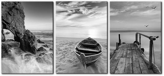 Pacimo 3 Panels Set Framed Canvas Wall Art Print for Seascape Beach and Boat Sunrise Scenery Black and White Giclee Canvas Print Modern Artwork for Wall Decor Ready to Hang - 20"x28"x3 Panels