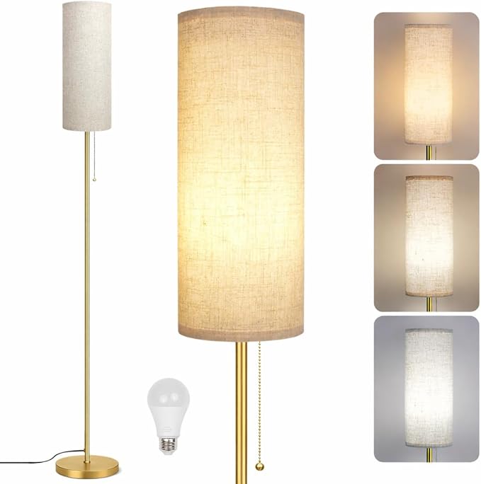 Ldeco Modern Floor Lamp for Living Room, Gold Standing Lamps with 3 Color Temperatures Bulb, Minimalist Tall Lamp with Chain Switch for Bedroom, LED Bulb Included(Beige Shade+Gold)