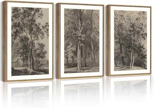 PHOPAGO Vintage Tree Framed Wall Art Retro Forest Wall Decor Nature Wilderness Sketch Paints Modern Bedroom Living Room Decor - 11x14in Natural Framed