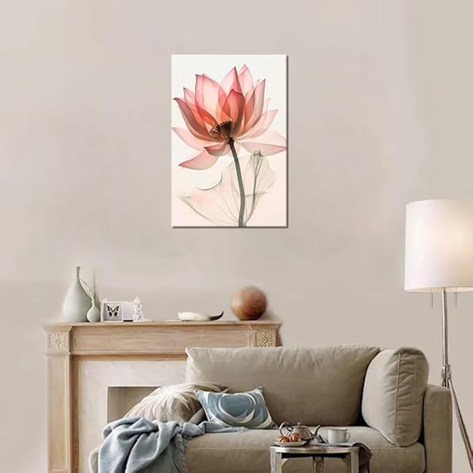 Wall HDQ Pink Lotus Wall Art Blooming Flowers Picture Elegant Floral Painting Canvas Print Framed Modern Bathroom Living Room Decor Framed Ready to Hang