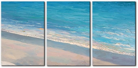 Pacimo - 3 Panels Canvas Wall Art Decor - Oil Painting Style Seascape with Waves on The Beach - Giclee Modern Artwork Prints on Canvas Gallery Wrap Home Decor Stretch Framed Ready to Hang - 16"x24"x3