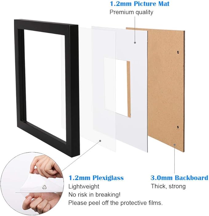 Egofine 12x12 Frame, Made of Solid Wood with HD Plexiglass for Pictures 8x8 with Mat or 12x12 without Mat, Wall Mounting Display, Set of 4, Black