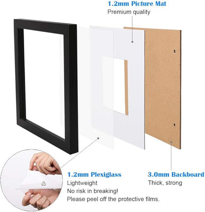 Egofine 12x12 Frame, Made of Solid Wood with HD Plexiglass for Pictures 8x8 with Mat or 12x12 without Mat, Wall Mounting Display, Set of 4, Black