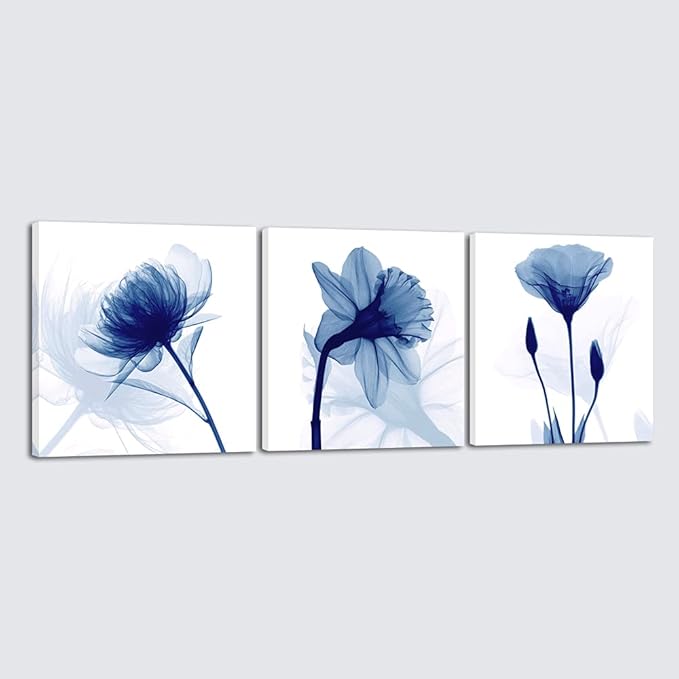 Wieco Art Blue Abstract Flowers 3 Panels Canvas Prints Wall Art Modern Pictures Artwork for Living Room Bedroom and Home Decorations