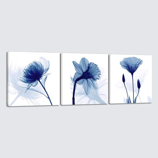 Wieco Art Blue Abstract Flowers 3 Panels Canvas Prints Wall Art Modern Pictures Artwork for Living Room Bedroom and Home Decorations