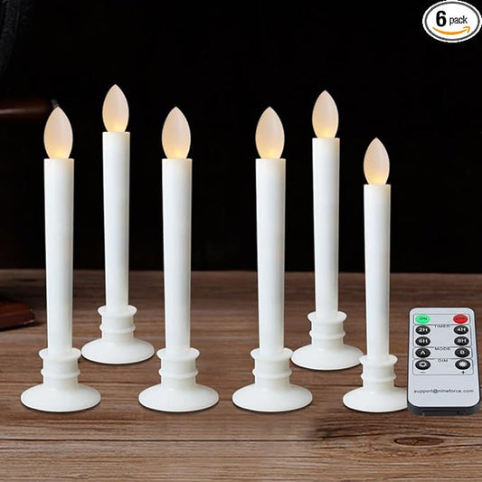 6 Pack Flameless Taper Candles with Remote/Timer, Battery Operated Flickering LED Window Candles, Vintage Christmas Electric Fake Candlesticks, White Holder