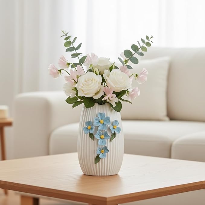 White Ceramic Vase - 7 inch Small Boho Vases Home Decor, 3D Floral Modern Vase for Pampas Grass, Centerpieces for Table, Kitchen, Living Room, Bathroom Decor