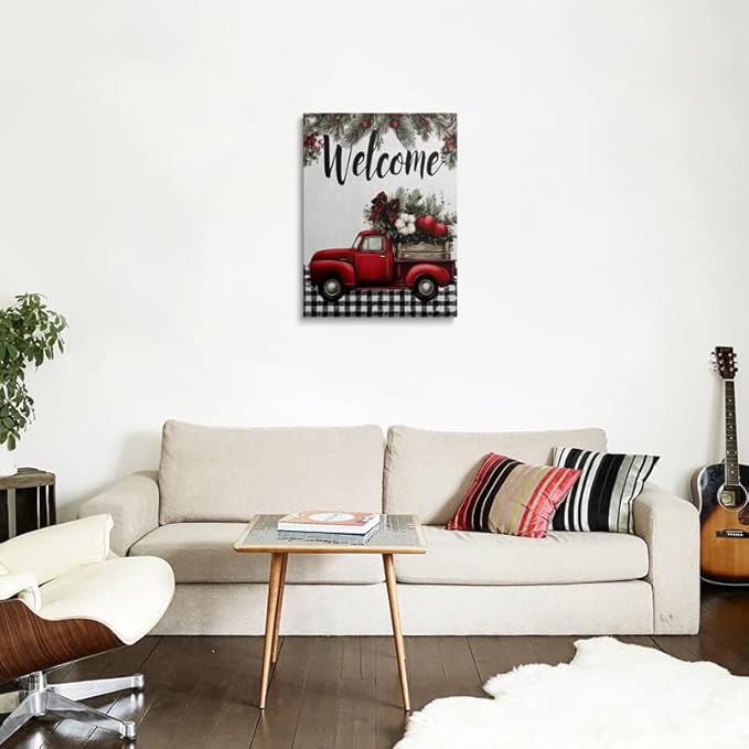 Welcome Sign Canvas Wall Art Framed Vintage Red Truck Christmas Wall Decor with Holly Berries Apples Pine Branches Farmhouse Artwork Print Poster for Living Room Entryway 12x16 Inches
