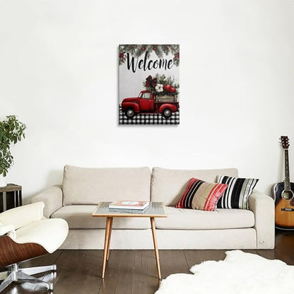 Welcome Sign Canvas Wall Art Framed Vintage Red Truck Christmas Wall Decor with Holly Berries Apples Pine Branches Farmhouse Artwork Print Poster for Living Room Entryway 12x16 Inches