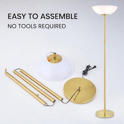 Modern Floor Superlamp 10000 Lumen - LED 75W, Dimmable 5 Changing Color, 85 CRI All Around Light, Tall Corner Standing Lamp with Cement Base and Acrylic Shade, Glare Free UpLight Kit Ready - Gold