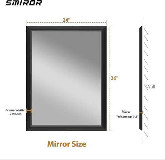 SMIROR Matte Black Bathroom Mirror for Over Sink 24x 36 inch, Metal Thick Frame Rectangle Vanity Mirror for Wall, Anti-Rust, Horizontally or Vertically Mounted