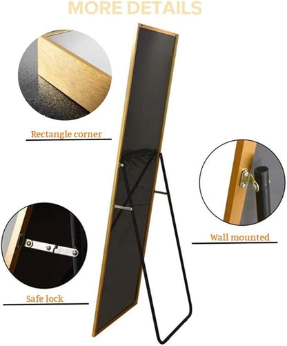 Dewfig Full Length Mirror with Stand, 64" x 21" Free Standing Floor Mirror, Full Body Mirrors, Hanging or Wall Mounted Mirrors for Bedroom, Rectangle Shape, Metal Frame,Gold
