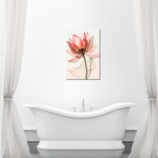 Wall HDQ Pink Lotus Wall Art Blooming Flowers Picture Elegant Floral Painting Canvas Print Framed Modern Bathroom Living Room Decor Framed Ready to Hang
