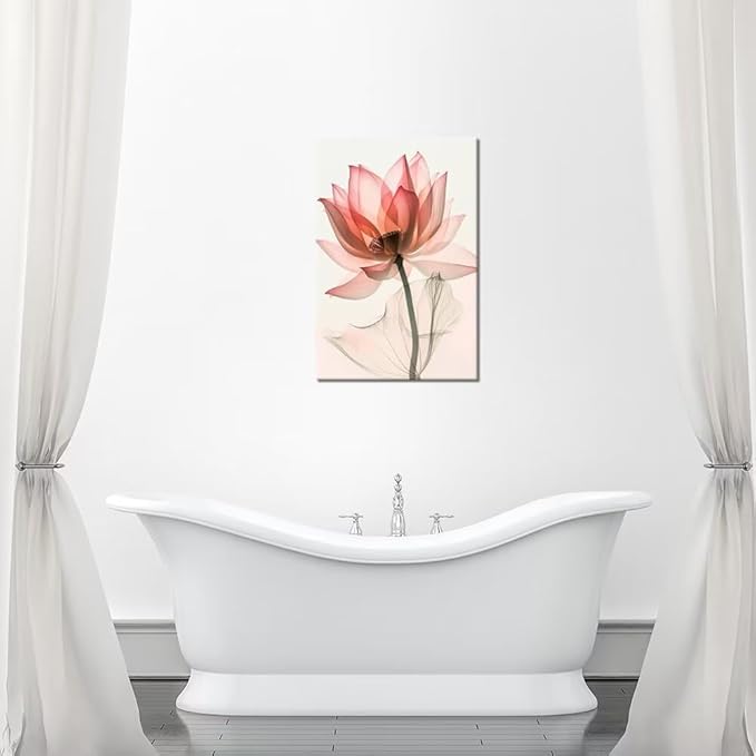 Wall HDQ Pink Lotus Wall Art Blooming Flowers Picture Elegant Floral Painting Canvas Print Framed Modern Bathroom Living Room Decor Framed Ready to Hang