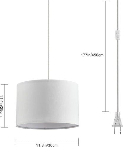 2 Pack Plug in Pendant Light, Hanging Light with 15Ft Clear Cord, On/Off Switch, White Fabric Lamp Shade, Hanging Light Fixture for Bedroom, Kitchen,