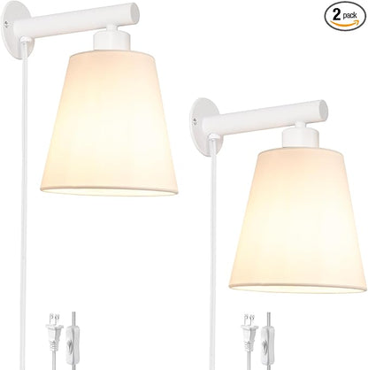 White Plug in Wall Sconces Set of Two, White Wall Sconce with Cord, Bedside Wall Lamps Plug in Set of 2 with Fabric Linen Shade, Wall Decor Bedroom Sconces for Living Room Hallway Porch