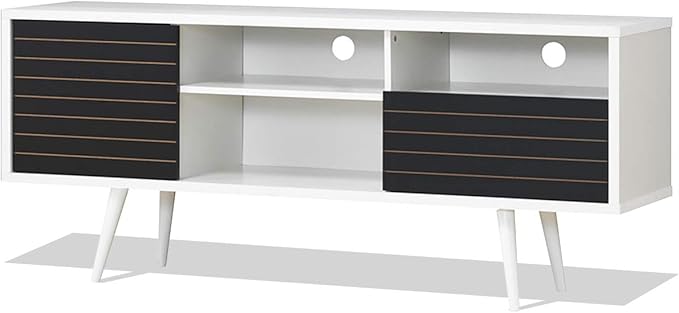Tangkula Mid-Century Modern TV Stand for TVs up to 70 Inch, Wooden TV Console Table with Storage Shelves, Cabinet and Drawer, TV Storage Cabinet Entertainment Center for Living Room (White & Black)