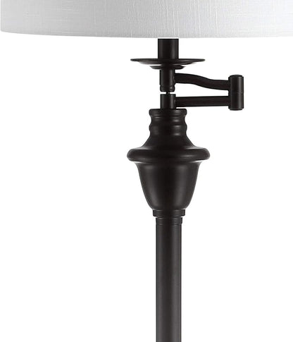 JONATHAN Y 60" Oil Rubbed Bronze Floor Lamp with Integrated Glass Side Table, Modern Swing Arm Standing Lamp for Living Room, White Linen Shade, LED Bulb Included (JYL3055C)