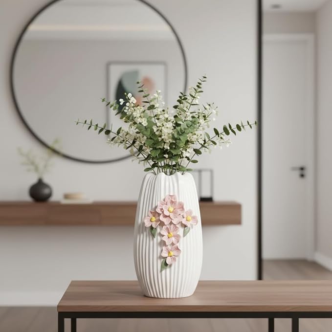 Ceramic Flower Vase - 9 Inch White Modern Vase for Pampas Grass, 3D Floral Vase for Living Room, Kitchen, Easter Table, Dining Room, Table Decor